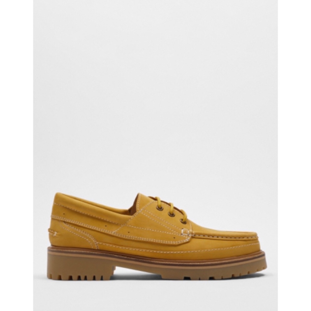 Zara LACED LEATHER BOAT SHOES  Beige Size 8 - Picture 5 of 11